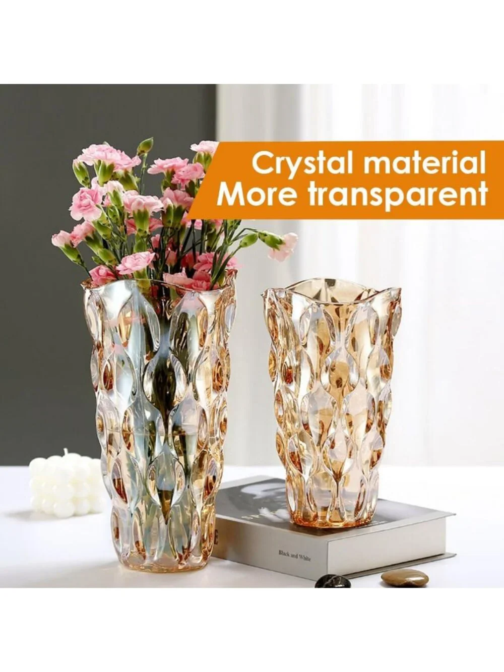 Elegant Amber Glass Vase for Centerpieces - 9.4in Tall, Unbreakable, Ideal for